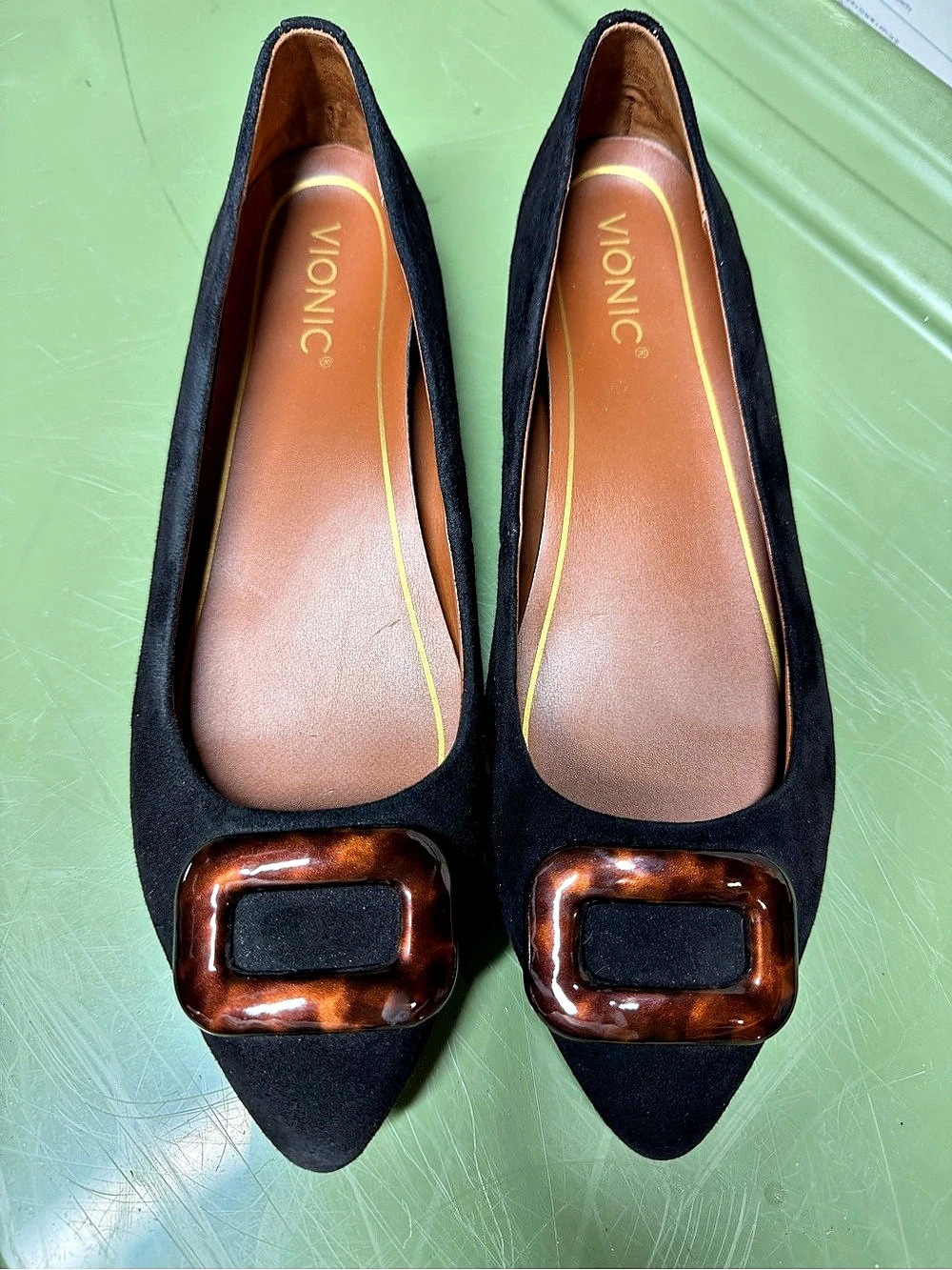 Vionic Amanda Suede Tortoise Flat Pointed-Toe Flats Black & Brown US 9